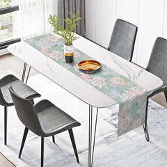 Aperturee - Aperturee Spring Painted Floral Table Runner in Green and Pink for Garden Party and Cheerful Kitchen Table Decor