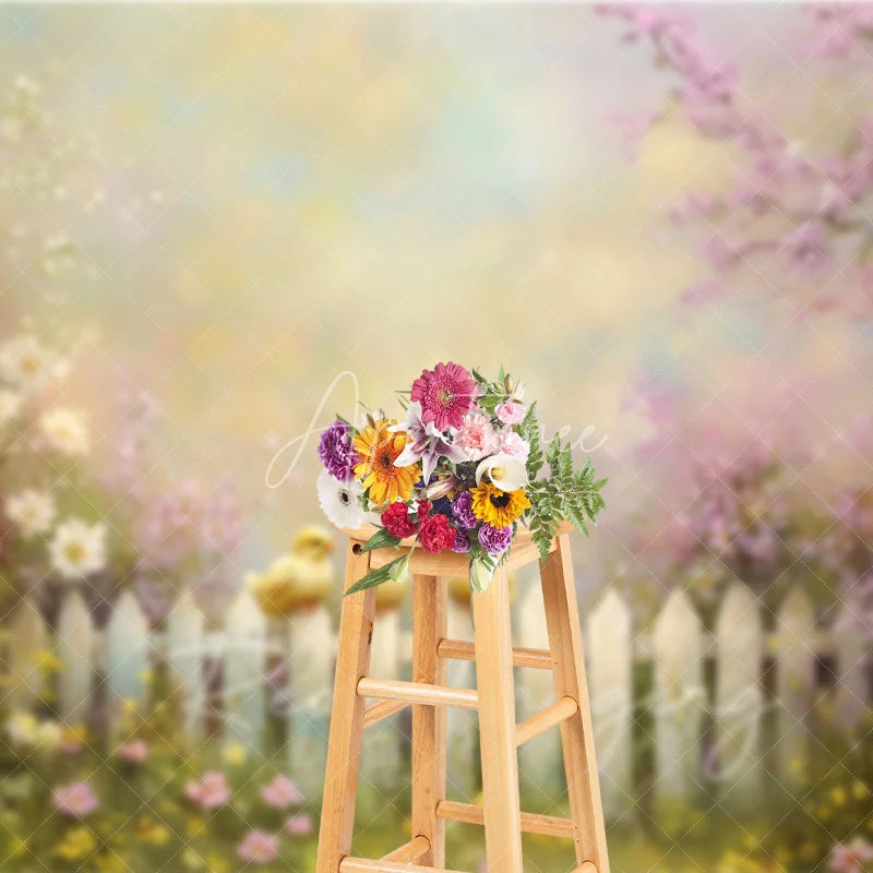 Aperturee - Aperturee Spring Photography Backdrop Cute Yellow Chicks on White Picket Fence Pink Floral Blossoms Kids Portrait Background