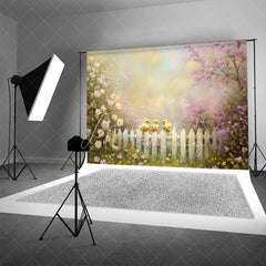 Aperturee - Aperturee Spring Photography Backdrop Cute Yellow Chicks on White Picket Fence Pink Floral Blossoms Kids Portrait Background