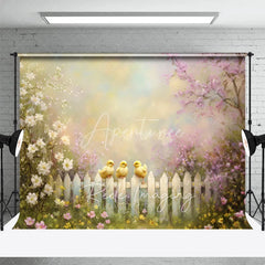 Aperturee - Aperturee Spring Photography Backdrop Cute Yellow Chicks on White Picket Fence Pink Floral Blossoms Kids Portrait Background