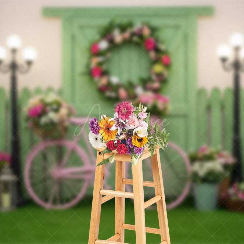 Aperturee - Aperturee Spring Pink Bike Wooden Green Door Photo Backdrop