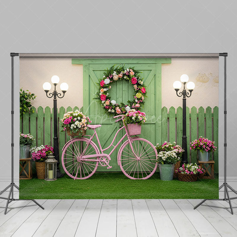 Aperturee - Aperturee Spring Pink Bike Wooden Green Door Photo Backdrop