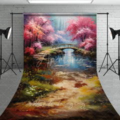 Aperturee - Aperturee Spring Pink Blossom Bridge Fine Art Backdrop Painted River Landscape Sweep Portrait Studio Background