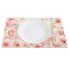 Aperturee - Aperturee Spring Pink Floral Set of 4 Placemats Cute Easter Bunny Blossom Table Mats for Kitchen Dining