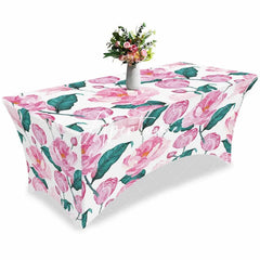 Aperturee - Aperturee Spring Pink Flower Green Leaves Stretch Table Cover
