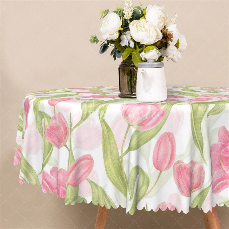 Aperturee - Aperturee Spring Pink Tulip Round Tablecloth Watercolor Floral Flower Garden Table Cover for Easter