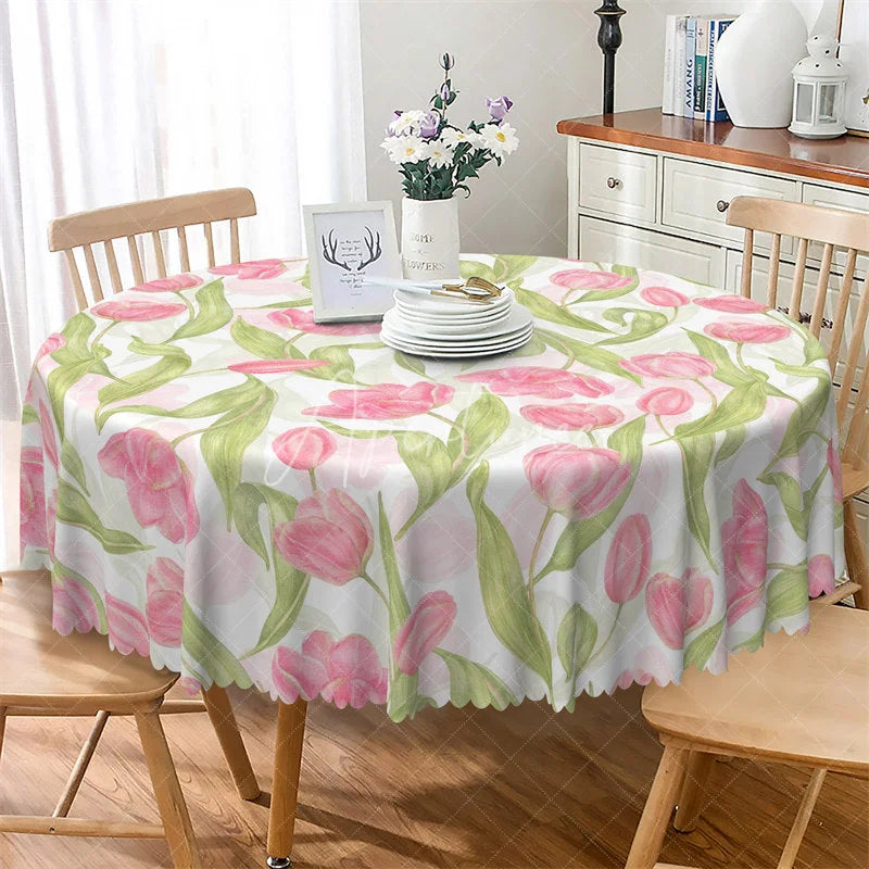 Aperturee - Aperturee Spring Pink Tulip Round Tablecloth Watercolor Floral Flower Garden Table Cover for Easter