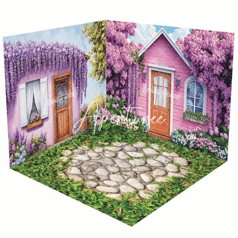 Aperturee - Aperturee Spring Purple Floral Garden Cabin Room Set Backdrop