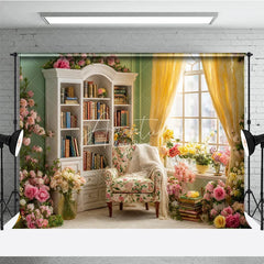 Aperturee - Aperturee Spring Reading Nook Photo Studio Backdrop Vintage Library with Pink and Yellow Roses Romantic Floral Background