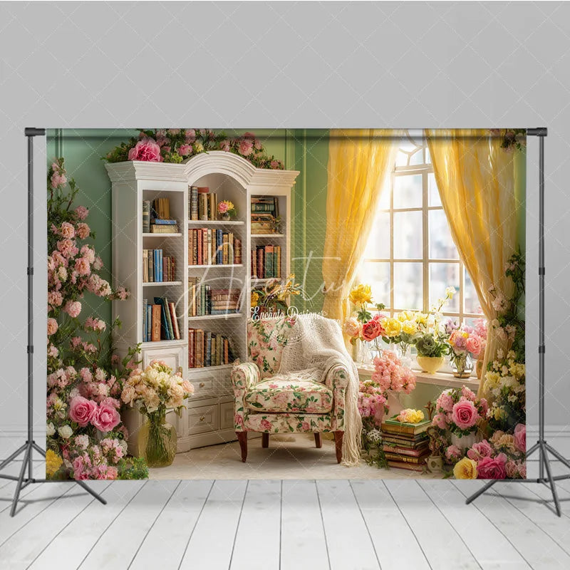 Aperturee - Aperturee Spring Reading Nook Photography Backdrop Vintage Library with Pink and Yellow Roses Romantic Floral Background