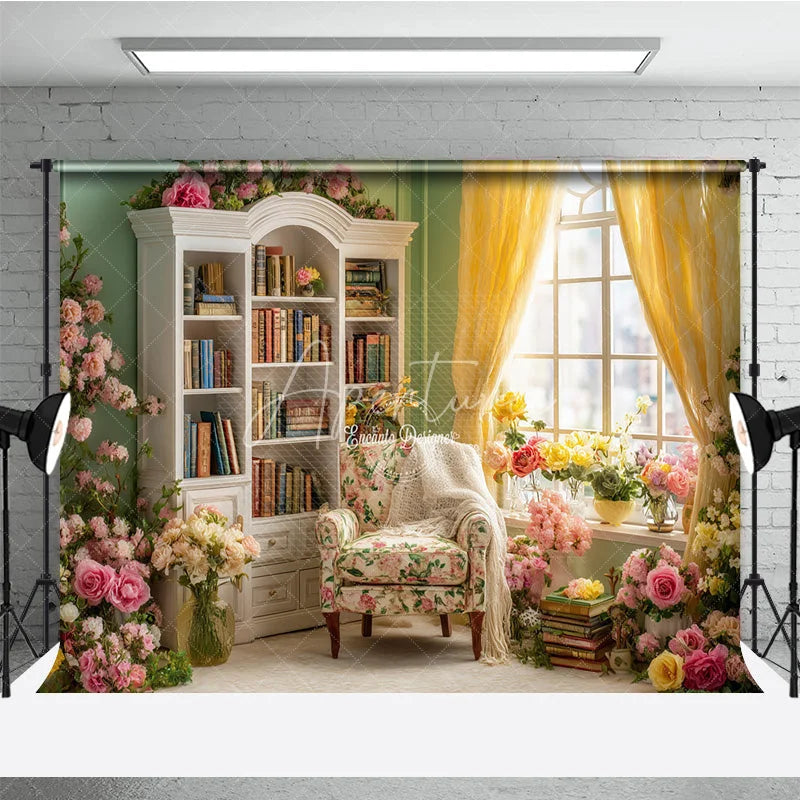 Aperturee - Aperturee Spring Reading Nook Photography Backdrop Vintage Library with Pink and Yellow Roses Romantic Floral Background