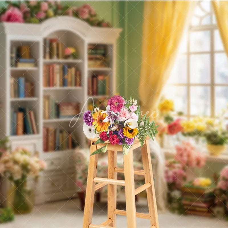Aperturee - Aperturee Spring Reading Nook Photography Backdrop Vintage Library with Pink and Yellow Roses Romantic Floral Background