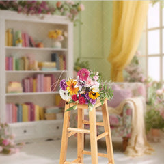 Aperturee - Aperturee Spring Room Interior Backdrop Floral Armchair Bookcase Background Sage Green Wall Photography Studio Props