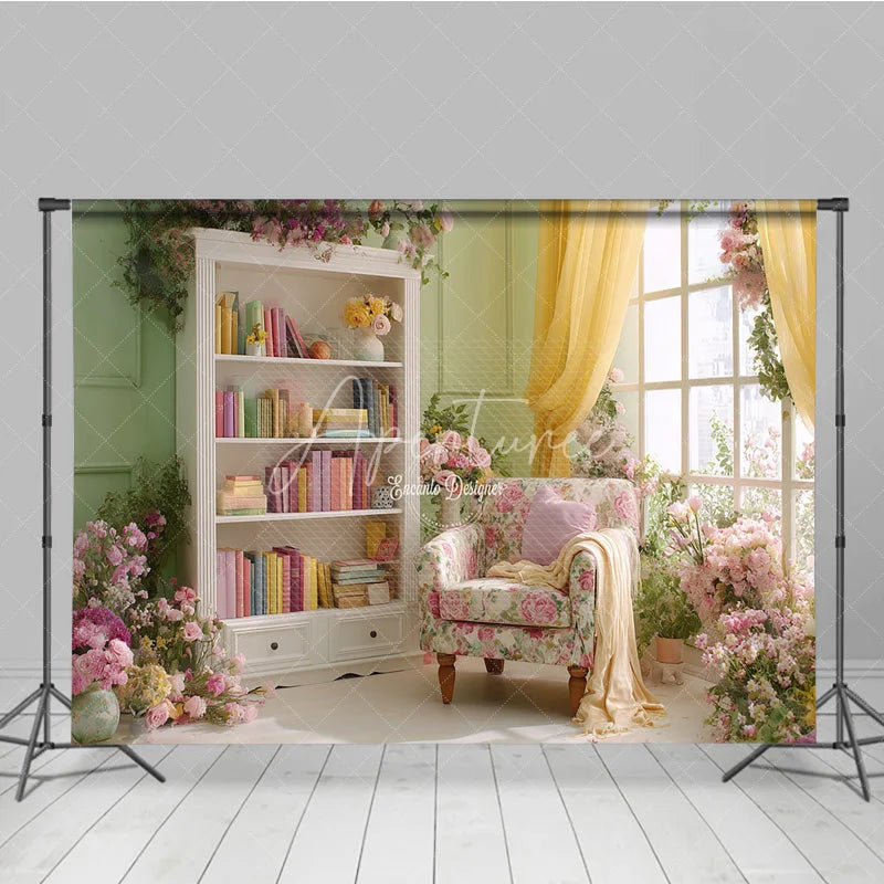 Aperturee - Aperturee Spring Room Interior Backdrop Floral Armchair Bookcase Background Sage Green Wall Photography Studio Props