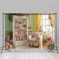 Aperturee - Aperturee Spring Room Interior Backdrop Floral Armchair Bookcase Background Sage Green Wall Photography Studio Props