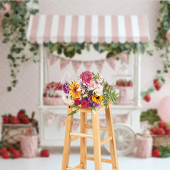 Aperturee - Aperturee Spring Strawberry Stand Photography Backdrop Pink Striped Cart Summer Fruit Mini Session Photo Background