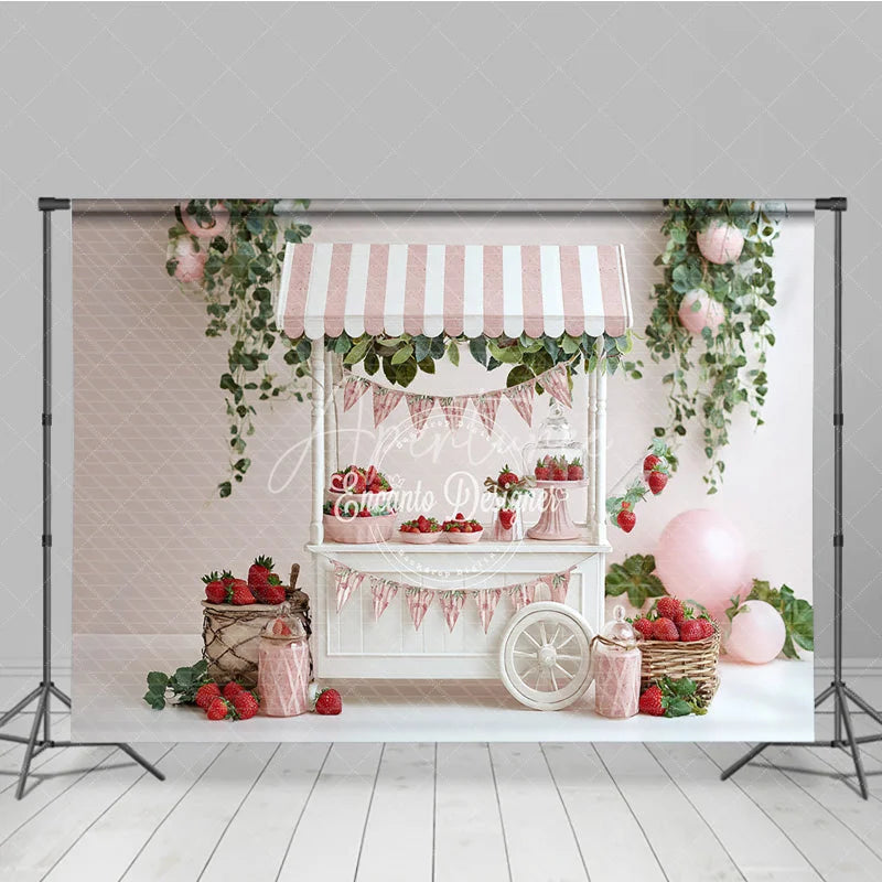 Aperturee - Aperturee Spring Strawberry Stand Photography Backdrop Pink Striped Cart Summer Fruit Mini Session Photo Background