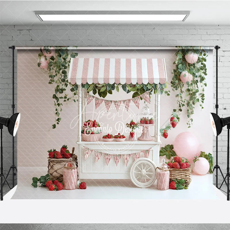 Aperturee - Aperturee Spring Strawberry Stand Photography Backdrop Pink Striped Cart Summer Fruit Mini Session Photo Background