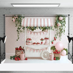 Aperturee - Aperturee Spring Strawberry Stand Photography Backdrop Pink Striped Cart Summer Fruit Mini Session Photo Background