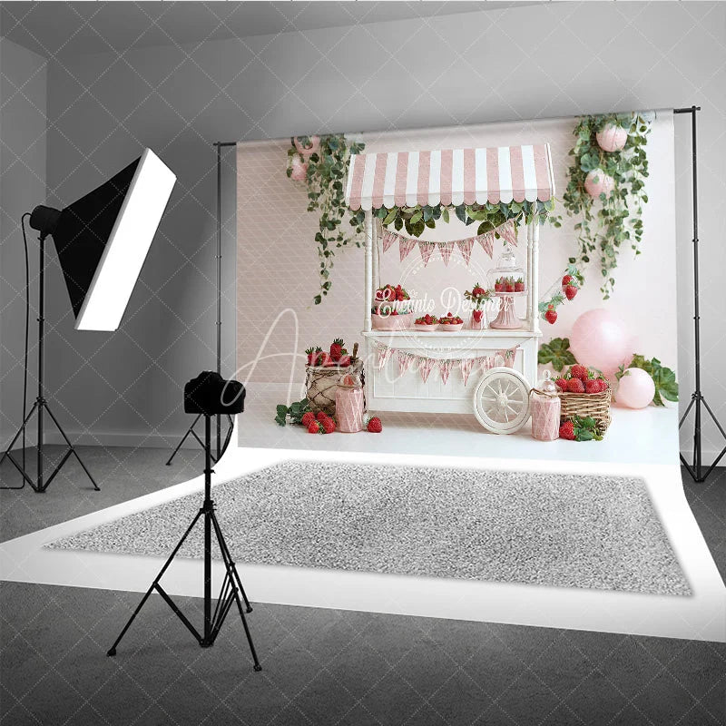 Aperturee - Aperturee Spring Strawberry Stand Photography Backdrop Pink Striped Cart Summer Fruit Mini Session Photo Background