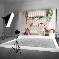 Aperturee - Aperturee Spring Strawberry Stand Photography Backdrop Pink Striped Cart Summer Fruit Mini Session Photo Background
