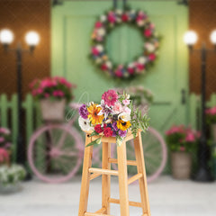 Aperturee - Aperturee Spring Street Lamp Wooden Green Door Photo Backdrop