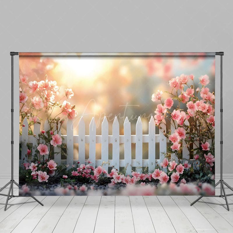 Aperturee - Aperturee Spring Sunrise Garden White Fence Photo Backdrop