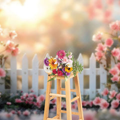 Aperturee - Aperturee Spring Sunrise Garden White Fence Photo Backdrop