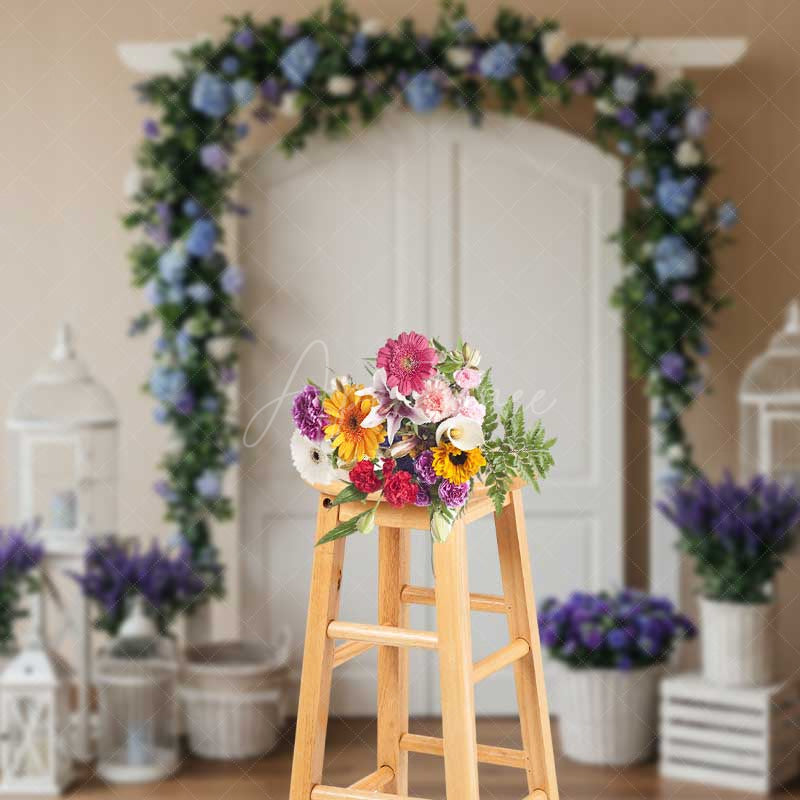 Aperturee Aperturee Spring Wedding Doorway Backdrop White Double Doors with Blue and Purple Floral Arch Garden Party Photo Prop Decor