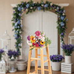Aperturee Aperturee Spring Wedding Doorway Backdrop White Double Doors with Blue and Purple Floral Arch Garden Party Photo Prop Decor