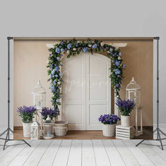 Aperturee Aperturee Spring Wedding Doorway Backdrop White Double Doors with Blue and Purple Floral Arch Garden Party Photo Prop Decor