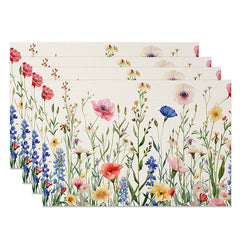 Aperturee - Aperturee Spring Wildflower Placemats Set of 4 Colorful Botanical Print on Beige for Farmhouse Kitchen Decor