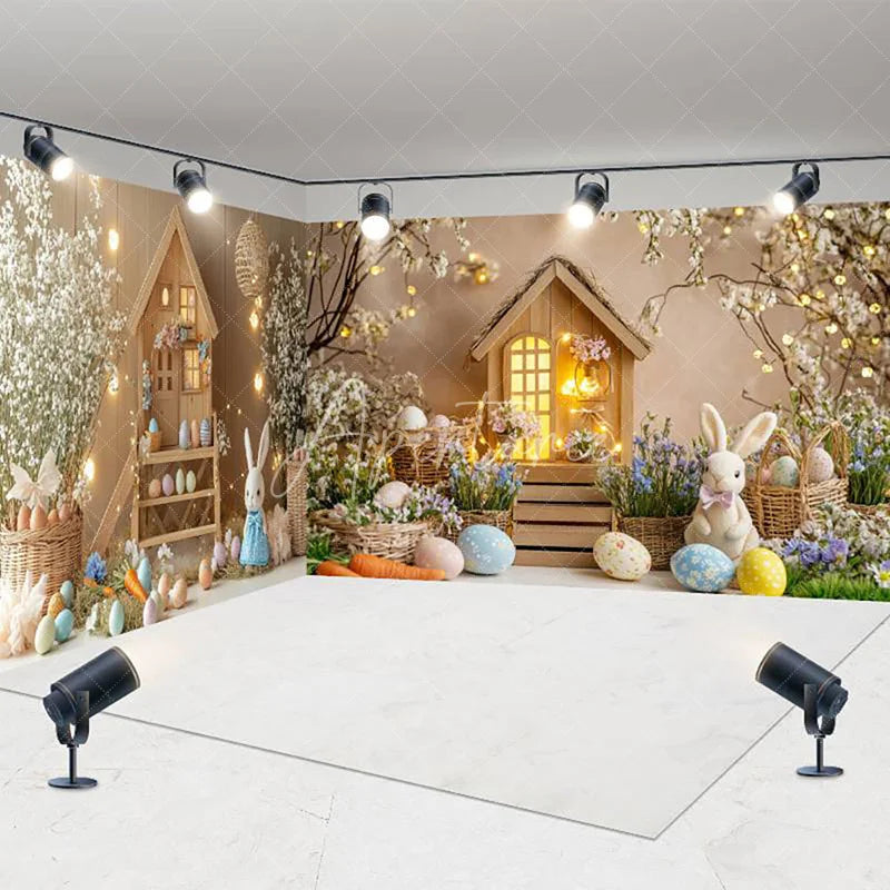 Aperturee - Aperturee Spring Wood House Bunny Egg Easter Room Set Backdrop