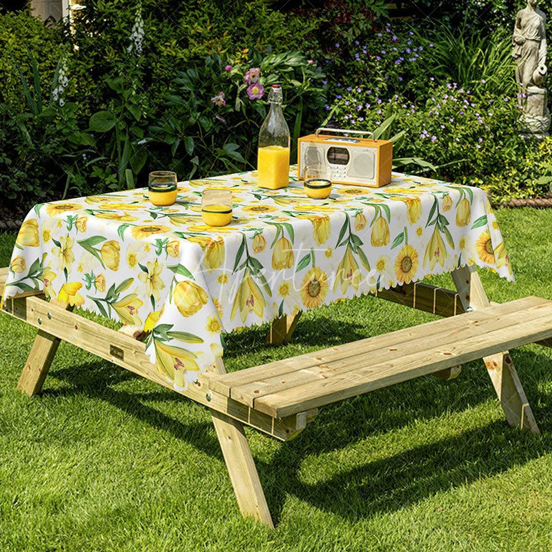 Aperturee - Aperturee Spring Yellow Floral Rectangle Tablecloth Sunflower Tulip and Daisy Print Cheerful Summer Garden Party Decor
