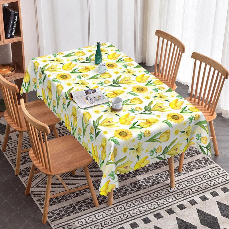 Aperturee - Aperturee Spring Yellow Floral Rectangle Tablecloth Sunflower Tulip and Daisy Print Cheerful Summer Garden Party Decor