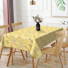 Aperturee - Aperturee Spring Yellow Plaid Rectangle Tablecloth Lavender Wildflower Pattern for Easter Kitchen Dining Room Decoration