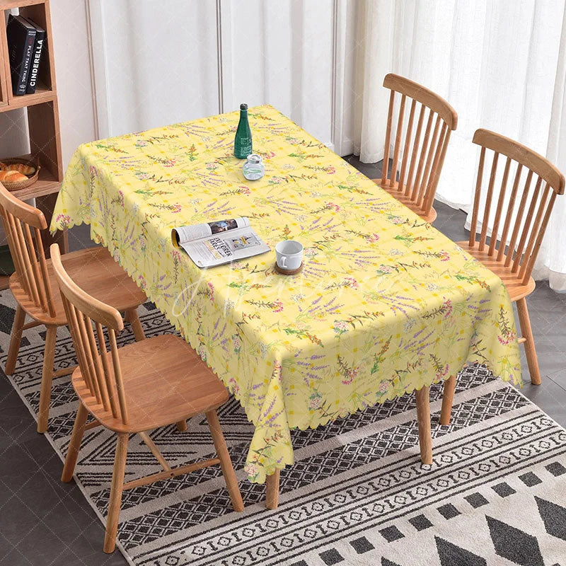 Aperturee - Aperturee Spring Yellow Plaid Rectangle Tablecloth Lavender Wildflower Pattern for Easter Kitchen Dining Room Decoration