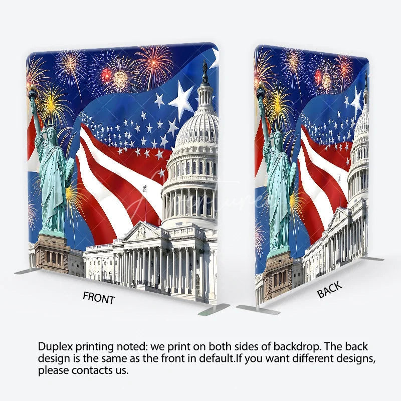 Aperturee - Aperturee Square Double-Sided Backdrop Patriotic American Flag with Liberty Statue and Capitol for National Celebrations