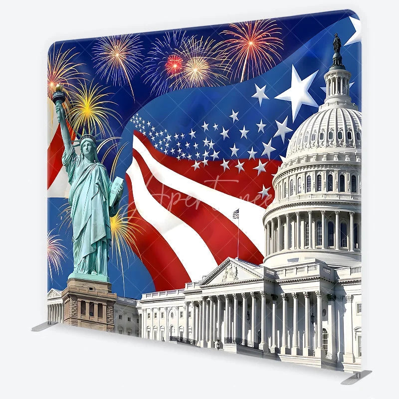 Aperturee - Aperturee Square Double-Sided Backdrop Patriotic American Flag with Liberty Statue and Capitol for National Celebrations