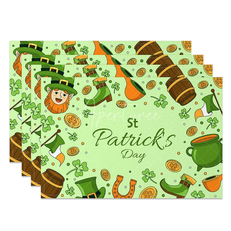 Aperturee - Aperturee St. Patricks Day Cartoon Icons Set of 4 Placemats Leprechaun and Pot of Gold Green Dining Table Mats