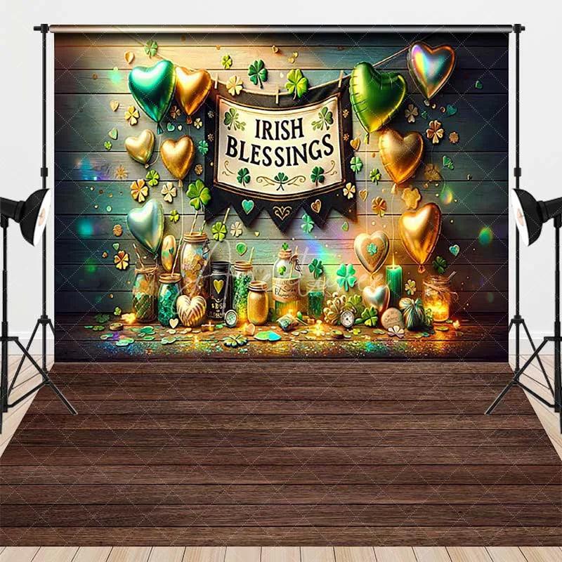 Aperturee - Aperturee St. Patrick’s Day Combo Set Backdrop Irish Blessings Green Clover Gold Balloon Background Lucky Party Decoration