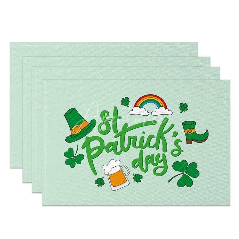 Aperturee - Aperturee St. Patricks Day Icons Set of 4 Placemats Rainbow and Leprechaun Hat Mint Green Dining Table Mats