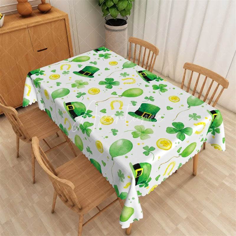 Aperturee - Aperturee St. Patrick’s Day Leprechaun Hat and Gold Coin Rectangle Tablecloth Lucky Shamrock Watercolor Table Cover