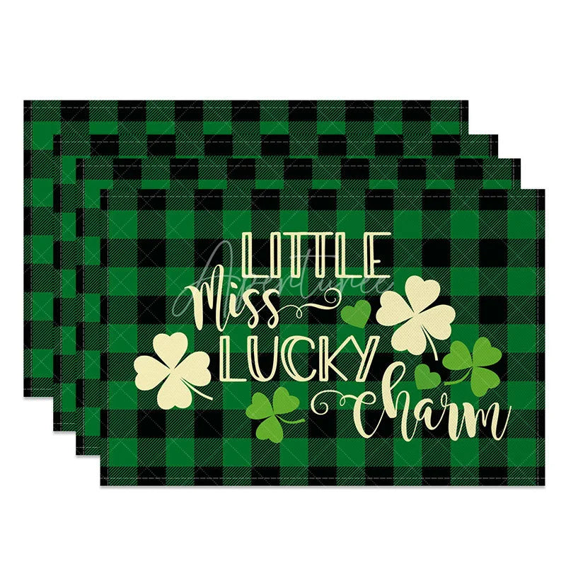 Aperturee - Aperturee St. Patricks Day Little Miss Lucky Charm Set of 4 Placemats Green Buffalo Plaid Shamrock Table Mats