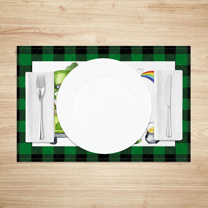 Aperturee - Aperturee St. Patricks Day Lucky Gnomes Set of 4 Placemats Watercolor Leprechaun and Rainbow Plaid Table Mats