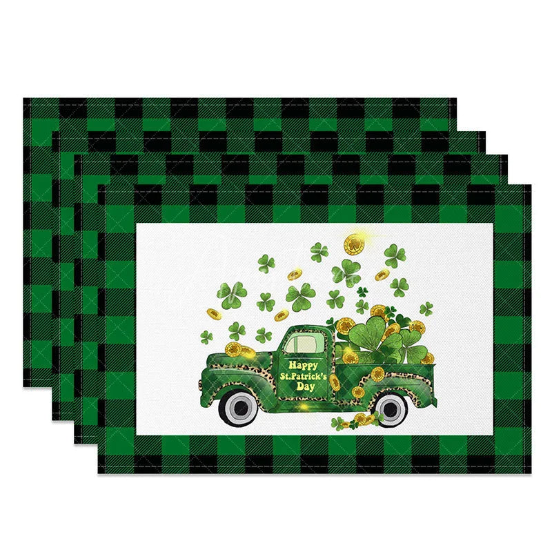 Aperturee - Aperturee St. Patricks Day Lucky Green Truck Set of 4 Placemats Shamrock and Gold Coins Buffalo Plaid Table Mats