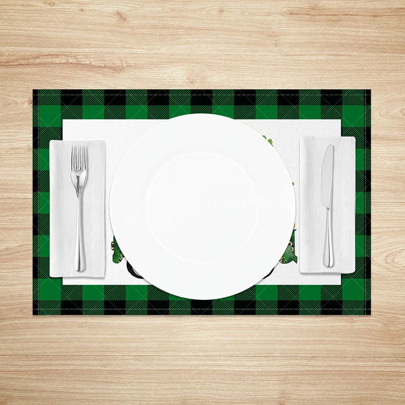 Aperturee - Aperturee St. Patricks Day Lucky Green Truck Set of 4 Placemats Shamrock and Gold Coins Buffalo Plaid Table Mats