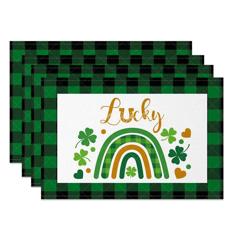 Aperturee - Aperturee St. Patricks Day Lucky Rainbow Set of 4 Placemats Green Plaid Border and Shamrock Table Mats for Home