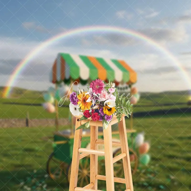 Aperturee - Aperturee St Patrick’s Day Lucky Sweets Backdrop Rainbow Cotton Candy Cart Photography Background Green Field Photo Prop