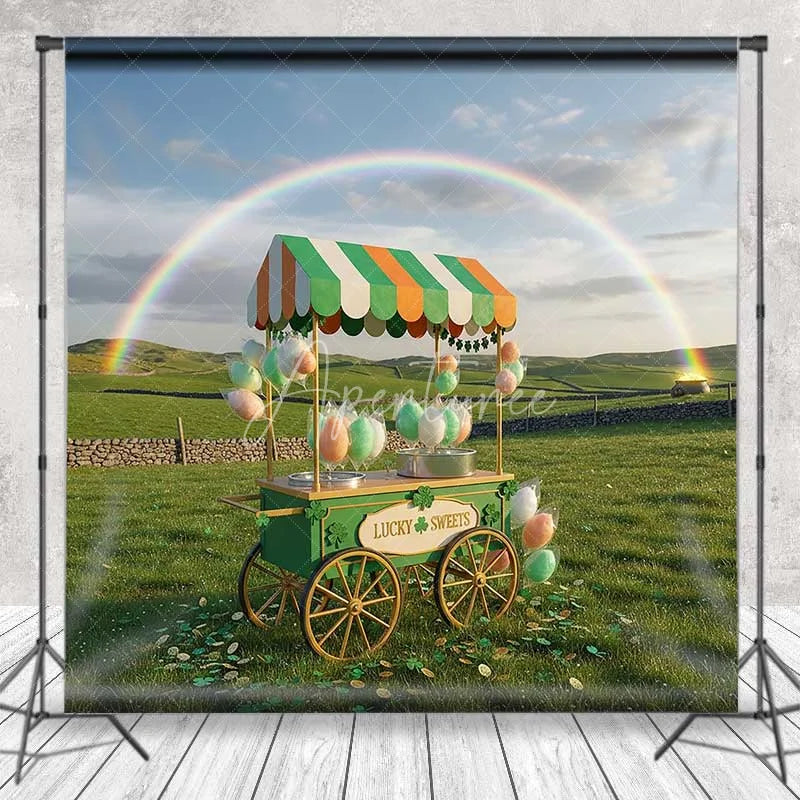 Aperturee - Aperturee St Patrick’s Day Lucky Sweets Backdrop Rainbow Cotton Candy Cart Photography Background Green Field Photo Prop